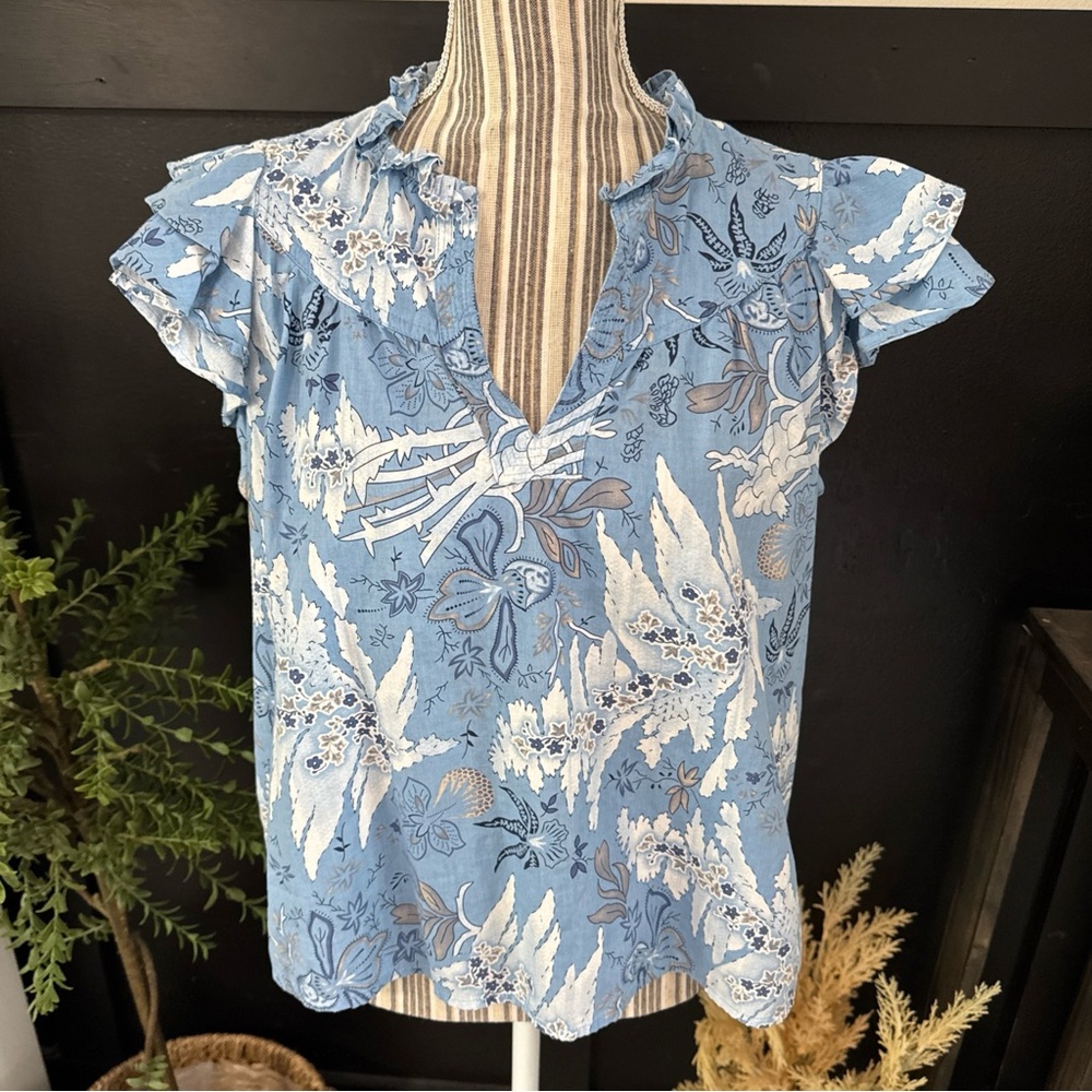 Jennifer & Grace Cottagecore Blouse Blue Floral Top Cotton Shirt Womens Sz Large
